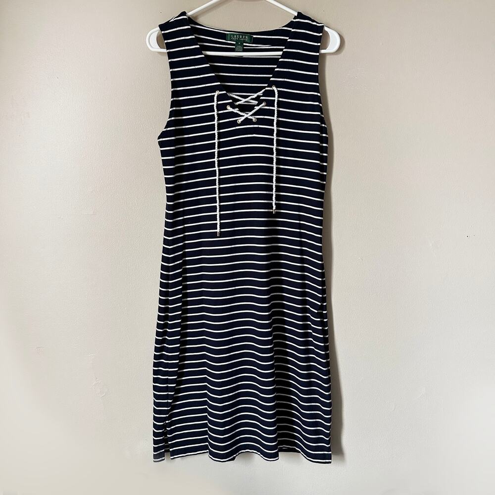 Lauren Ralph Lauren Dress Nautical Stripe Lace Up Sheath Sleeveless Summer MED